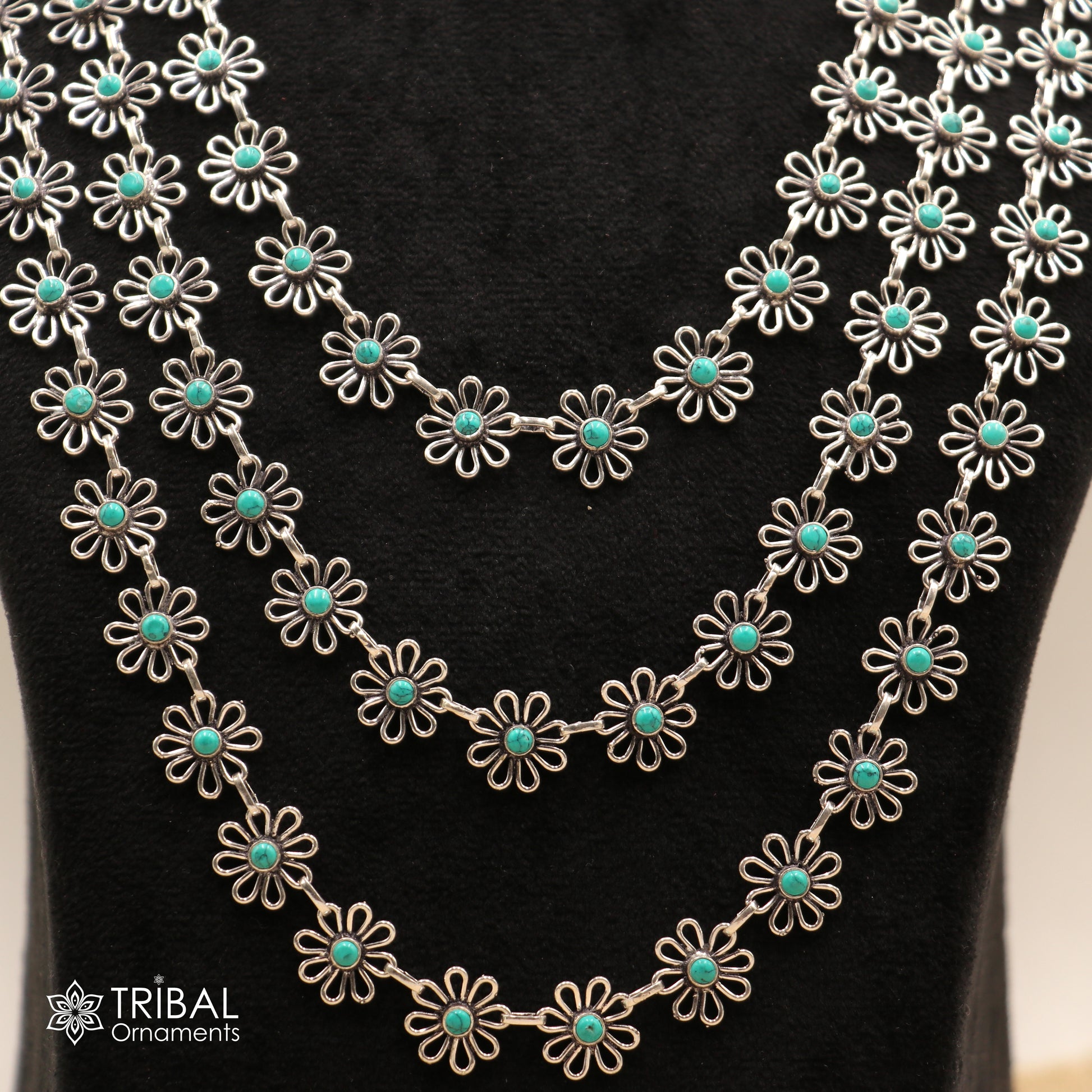 925 sterling silver floral style turquoise stone 3 line necklace set ethnic jewelry set793 - TRIBAL ORNAMENTS