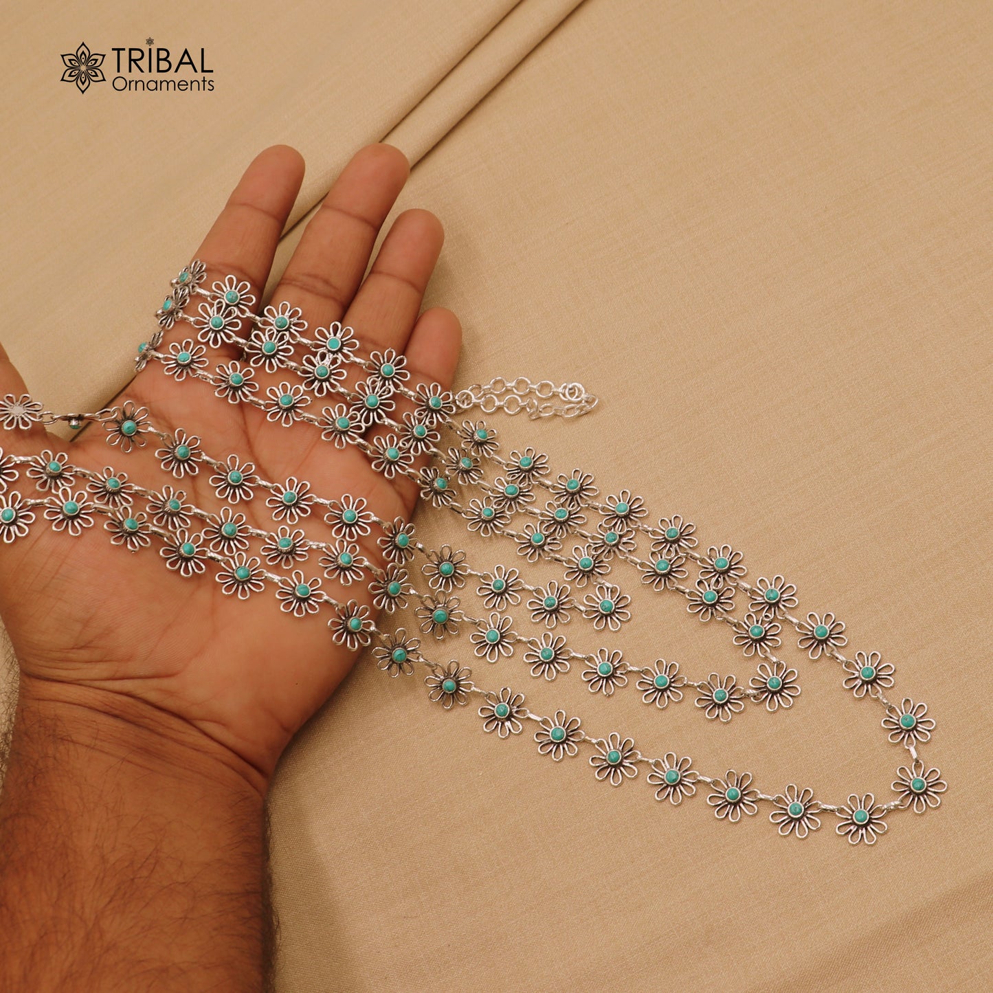 925 sterling silver floral style turquoise stone 3 line necklace set ethnic jewelry set793 - TRIBAL ORNAMENTS