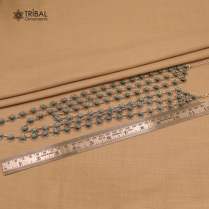 Sterling silver floral-style turquoise stone 3-line necklace set from TRIBAL ORNAMENTS, featuring ethnic jewelry with intricate design.