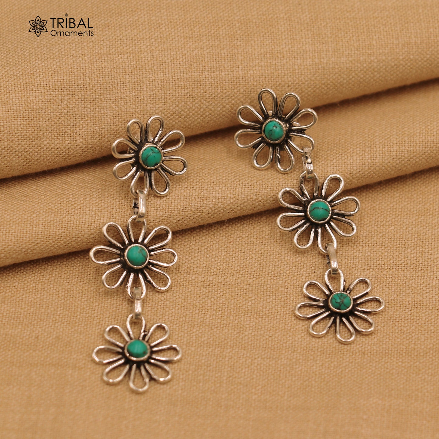 925 sterling silver floral style turquoise stone 3 line necklace set ethnic jewelry set793 - TRIBAL ORNAMENTS