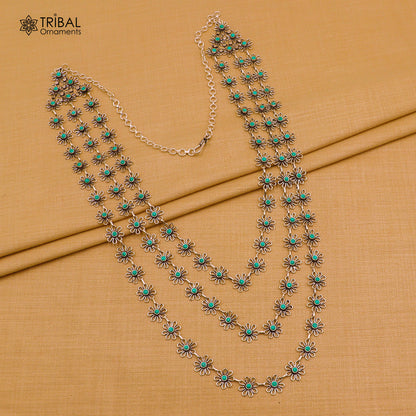 Sterling silver floral style turquoise stone 3-line necklace set from Tribal Ornaments, featuring ethnic jewelry design.