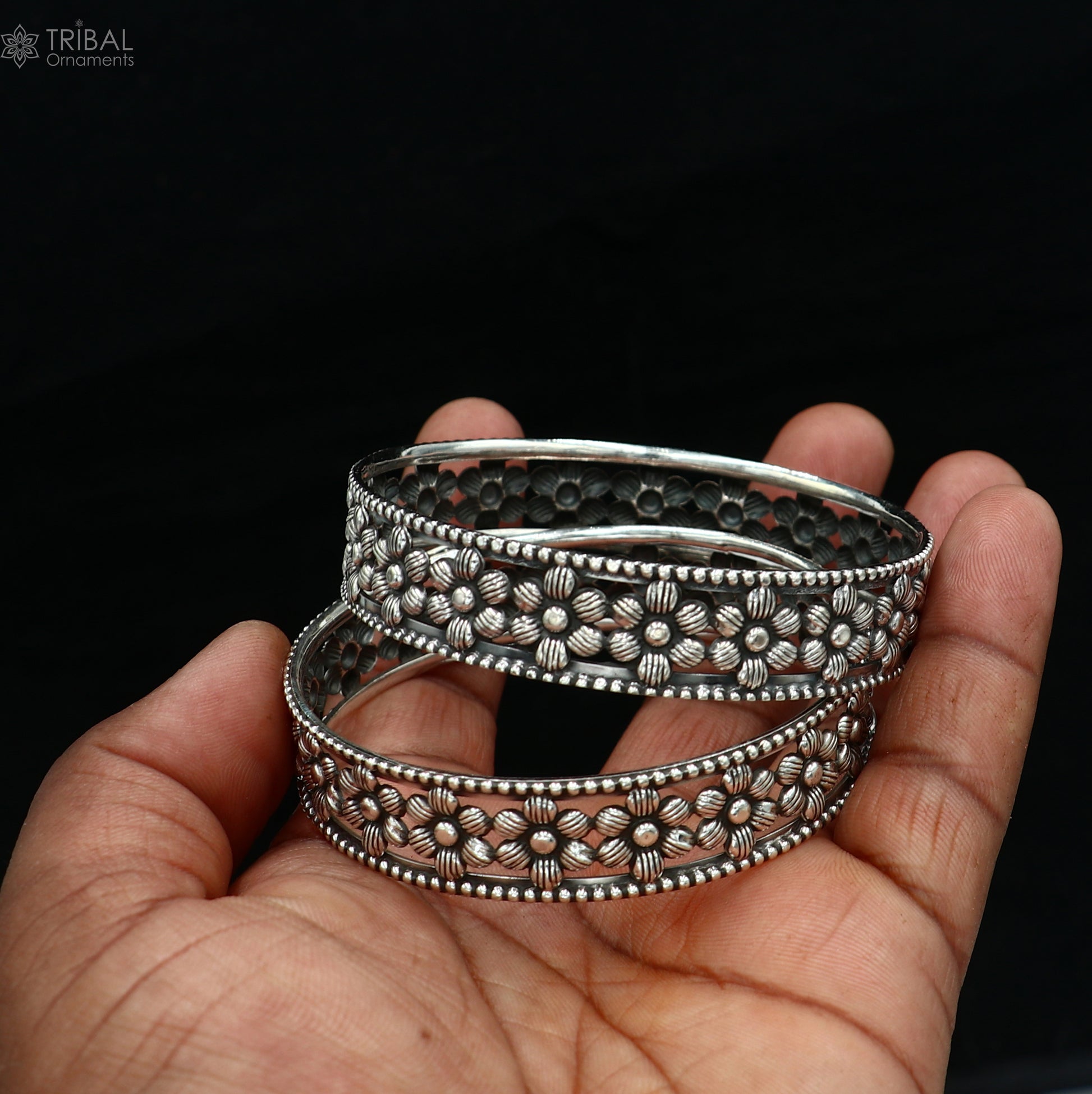 925 Sterling silver flower design bangle kada tribal jewelry nsk911 - TRIBAL ORNAMENTS