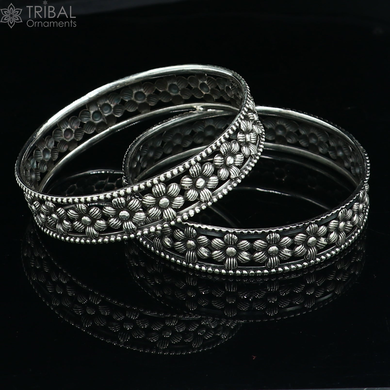 925 Sterling silver flower design bangle kada tribal jewelry nsk911 - TRIBAL ORNAMENTS
