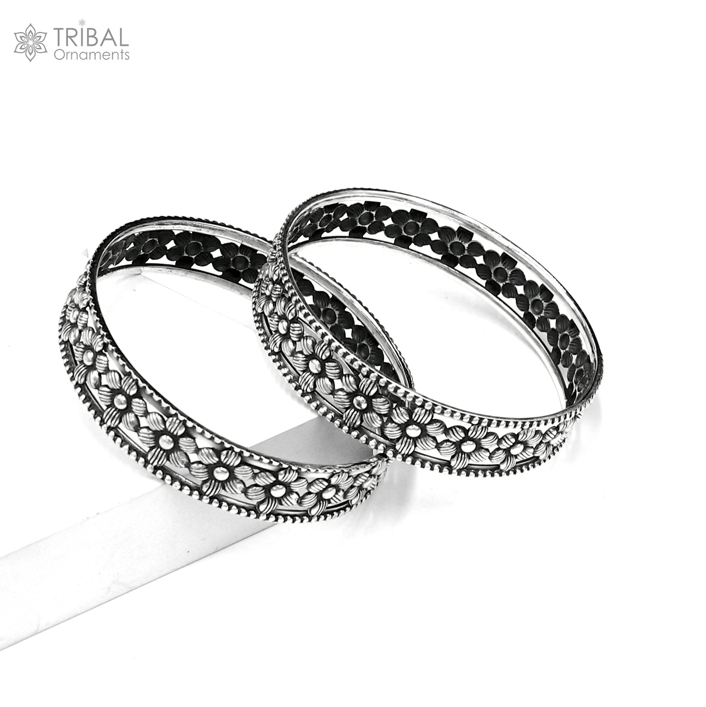 925 Sterling silver flower design bangle kada tribal jewelry nsk911 - TRIBAL ORNAMENTS