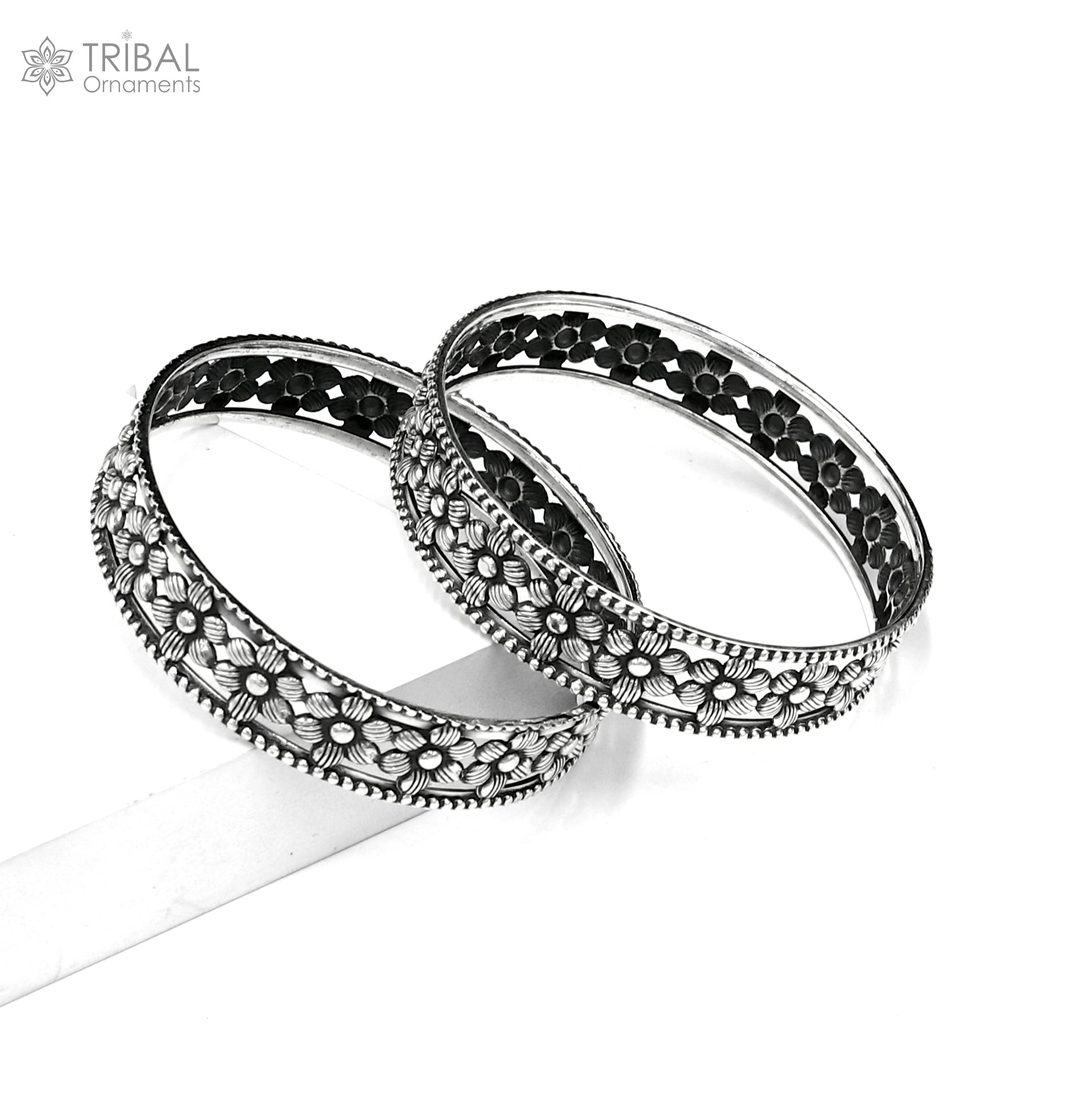 925 Sterling silver flower design bangle kada tribal jewelry nsk911 - TRIBAL ORNAMENTS