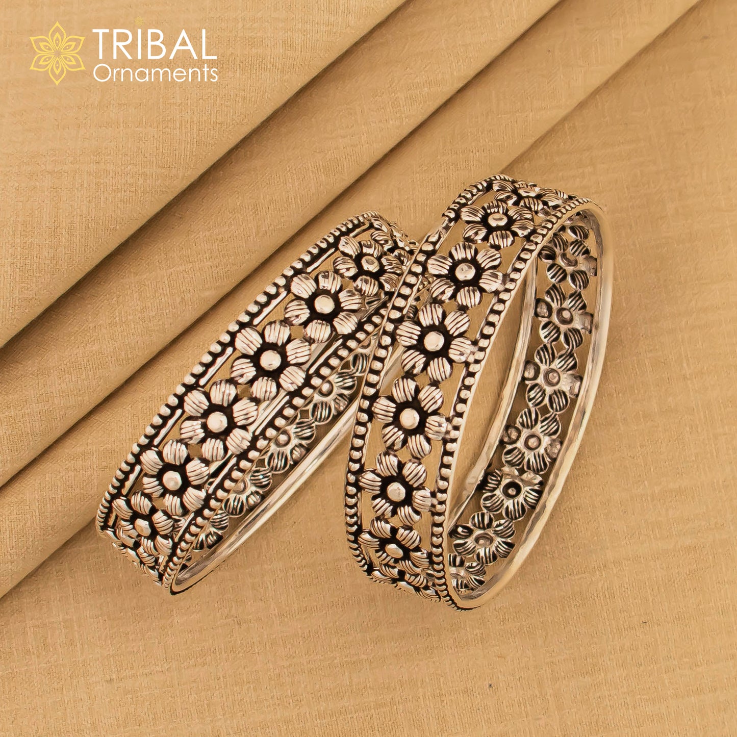 925 Sterling silver flower design bangle kada tribal jewelry nsk911 - TRIBAL ORNAMENTS