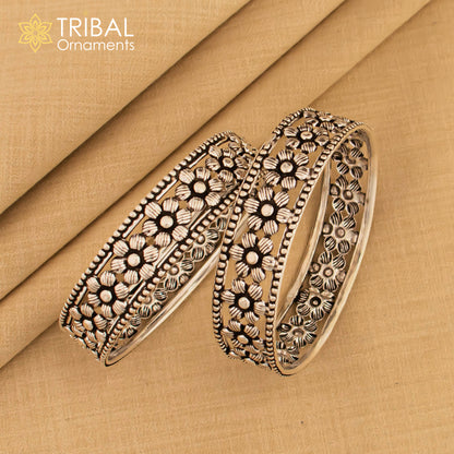 925 Sterling silver flower design bangle kada tribal jewelry nsk911 - TRIBAL ORNAMENTS