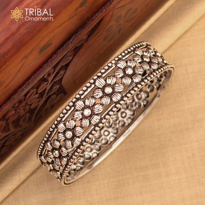 925 Sterling silver flower design bangle kada tribal jewelry nsk911 - TRIBAL ORNAMENTS