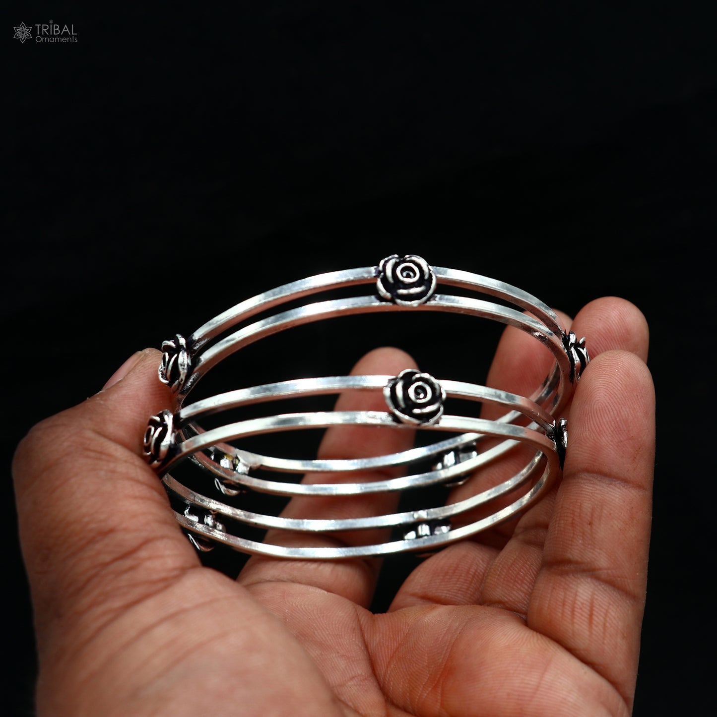 925 Sterling silver flower design bangle kada tribal jewelry nsk912 - TRIBAL ORNAMENTS