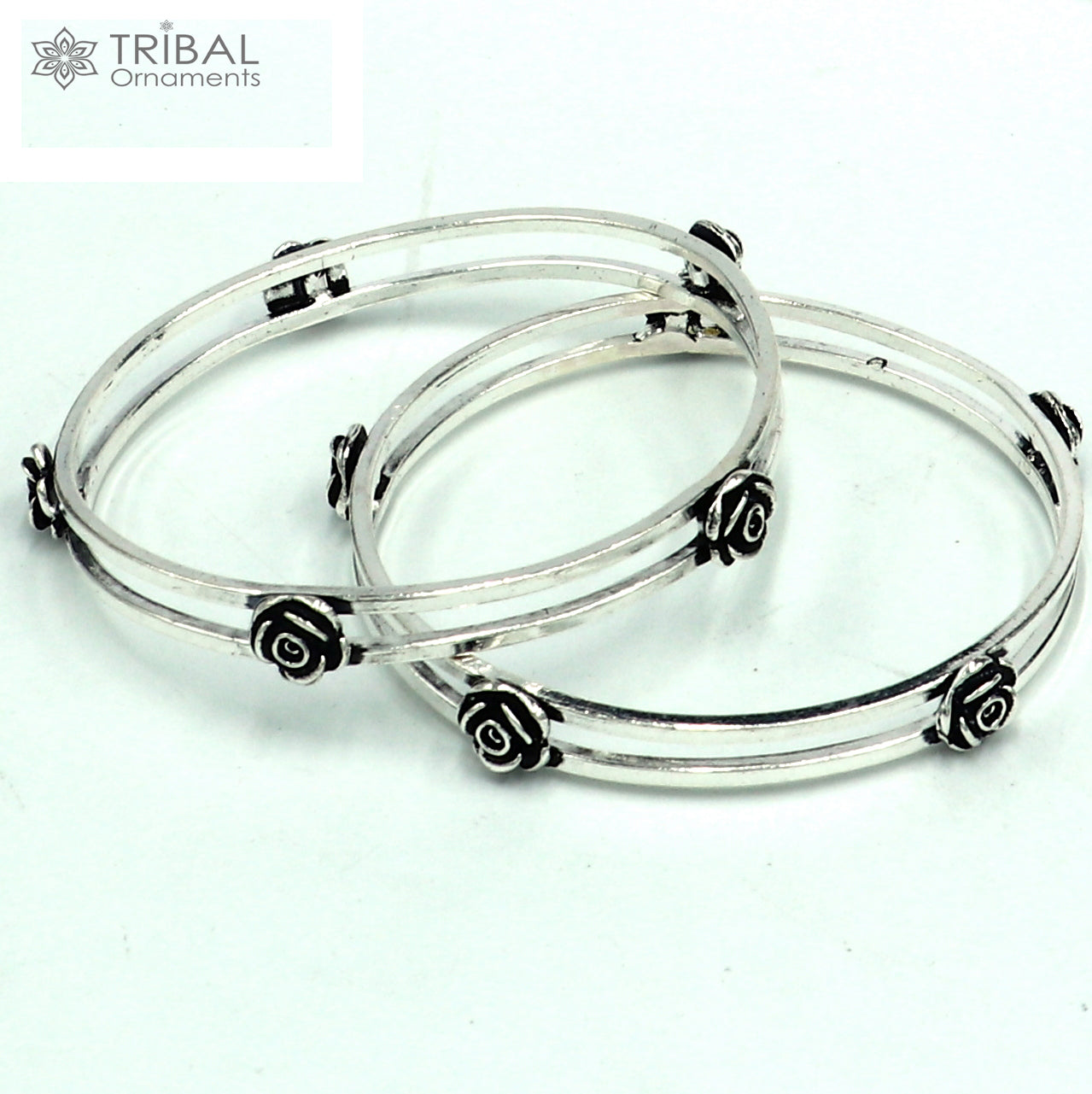 925 Sterling silver flower design bangle kada tribal jewelry nsk912 - TRIBAL ORNAMENTS
