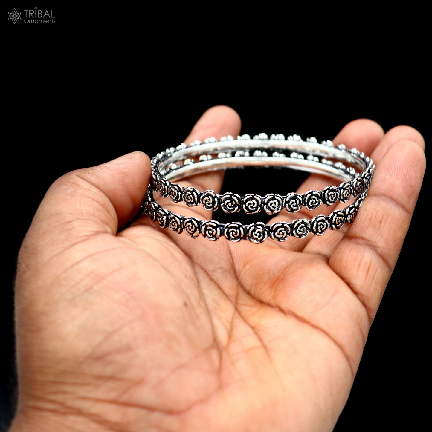 925 Sterling silver flower design bangle kada tribal jewelry nsk913 - TRIBAL ORNAMENTS