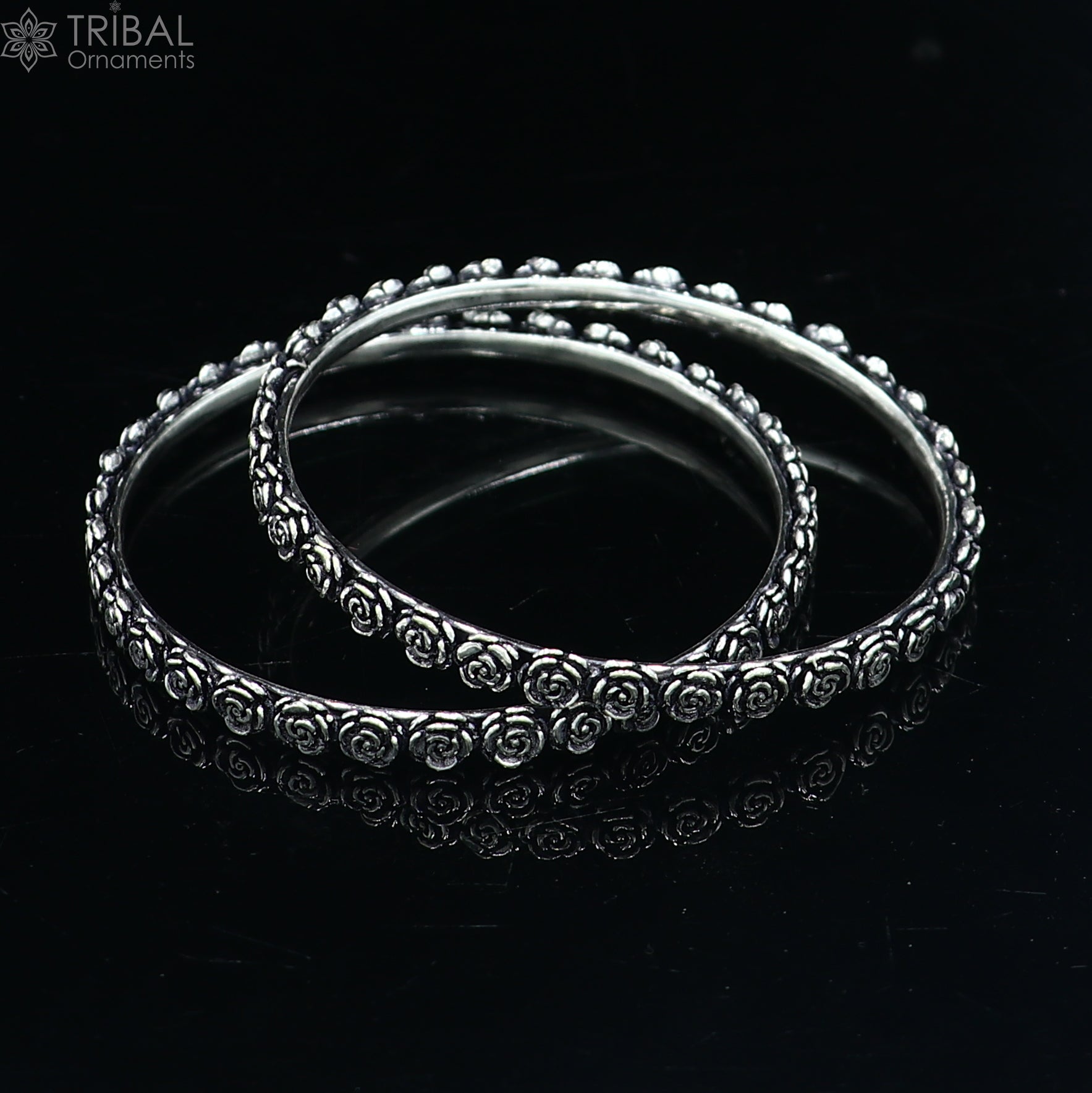 925 Sterling silver flower design bangle kada tribal jewelry nsk913 - TRIBAL ORNAMENTS