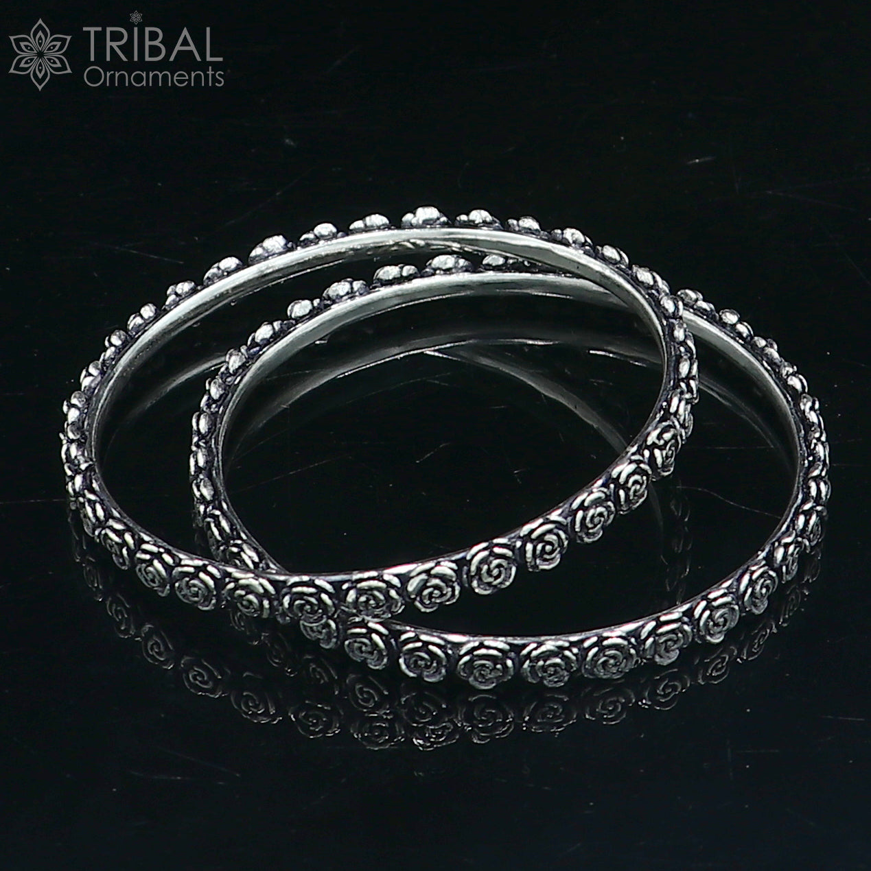 925 Sterling silver flower design bangle kada tribal jewelry nsk913 - TRIBAL ORNAMENTS