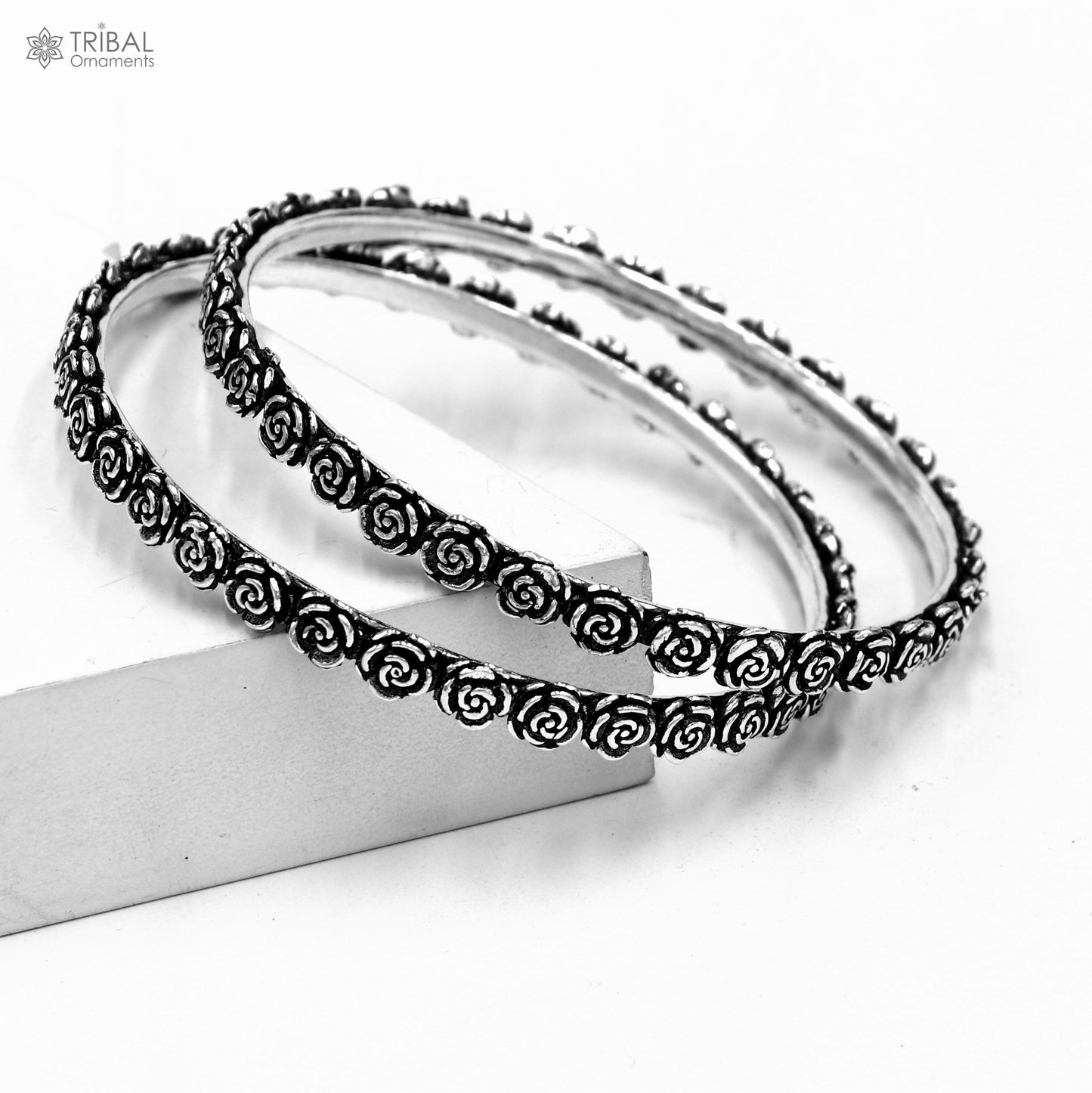925 Sterling silver flower design bangle kada tribal jewelry nsk913 - TRIBAL ORNAMENTS