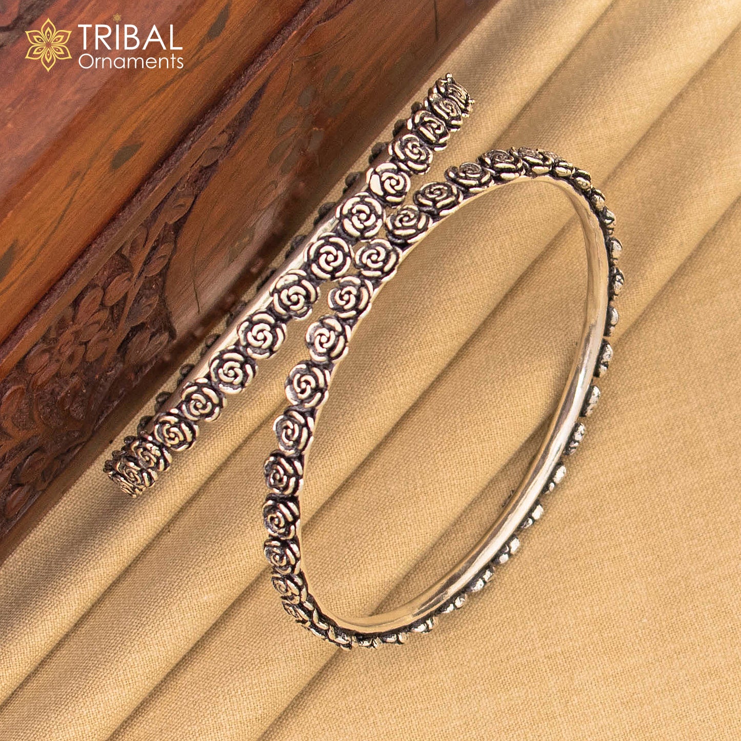 925 Sterling silver flower design bangle kada tribal jewelry nsk913 - TRIBAL ORNAMENTS