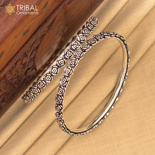 925 Sterling silver flower design bangle kada tribal jewelry nsk913 - TRIBAL ORNAMENTS