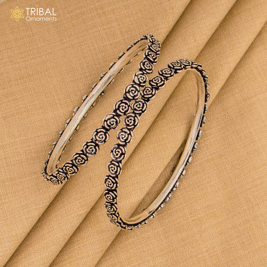 925 Sterling silver flower design bangle kada tribal jewelry nsk913 - TRIBAL ORNAMENTS