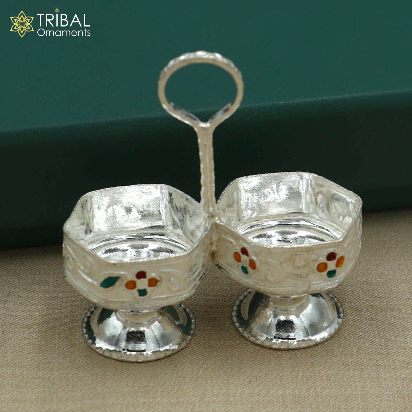 925 sterling silver flower design tilak combo mini bowl, tilak patra, puja utensils, temple article su1354 - TRIBAL ORNAMENTS