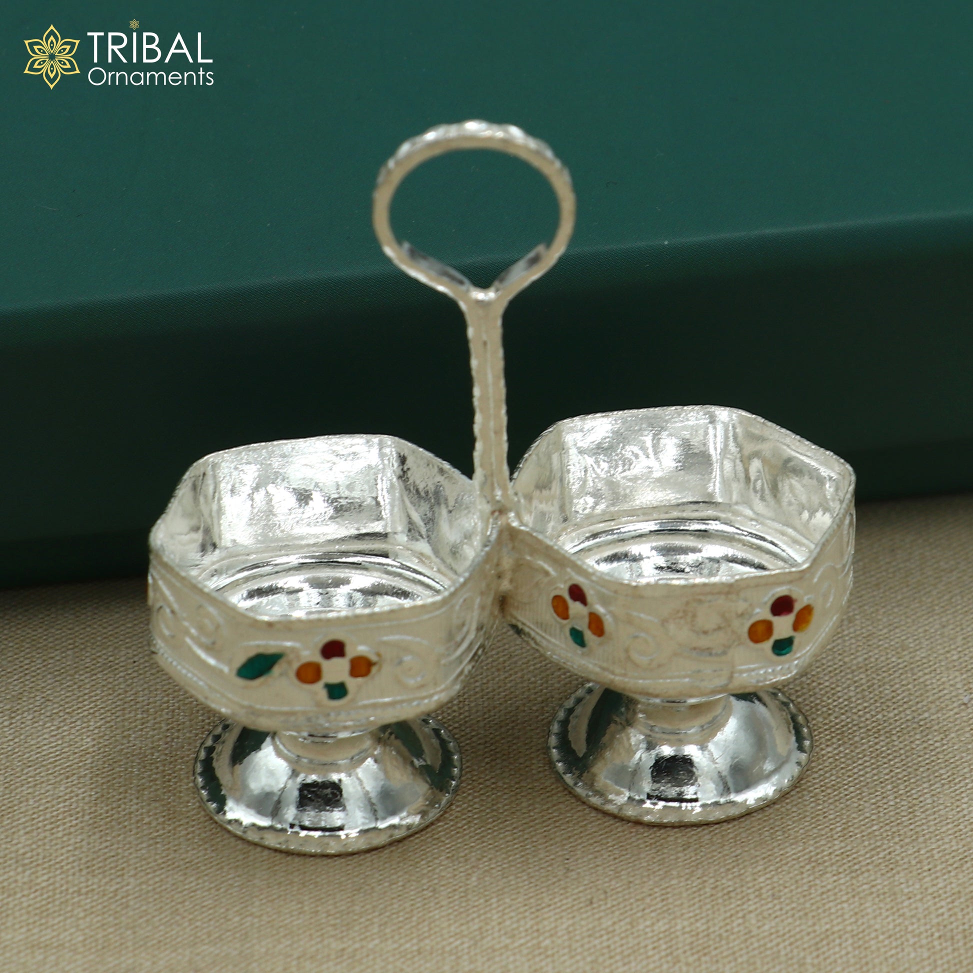 925 sterling silver flower design tilak combo mini bowl, tilak patra, puja utensils, temple article su1354 - TRIBAL ORNAMENTS