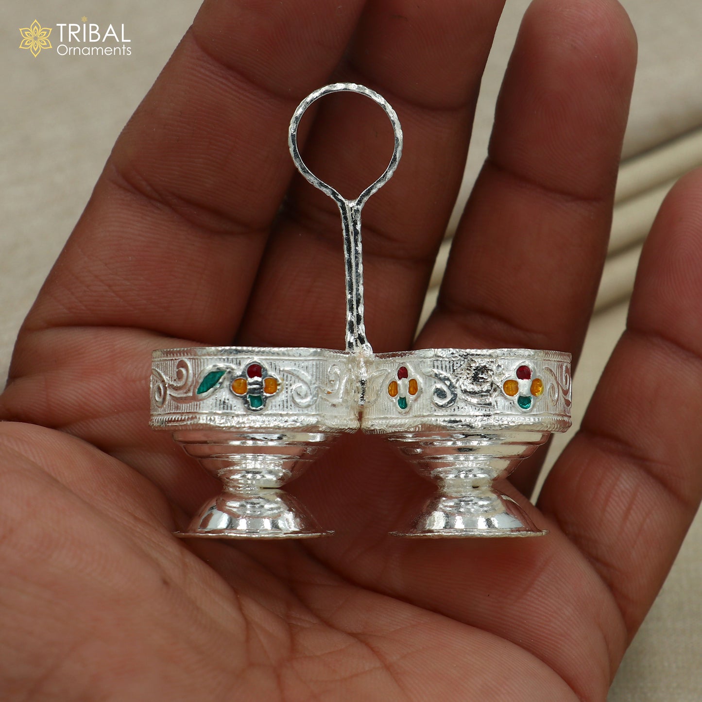 925 sterling silver flower design tilak combo mini bowl, tilak patra, puja utensils, temple article su1354 - TRIBAL ORNAMENTS