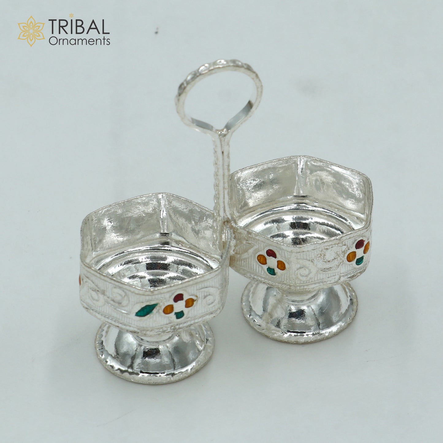 925 sterling silver flower design tilak combo mini bowl, tilak patra, puja utensils, temple article su1354 - TRIBAL ORNAMENTS