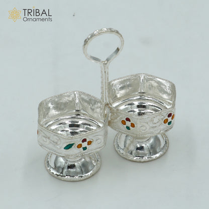 925 sterling silver flower design tilak combo mini bowl, tilak patra, puja utensils, temple article su1354 - TRIBAL ORNAMENTS