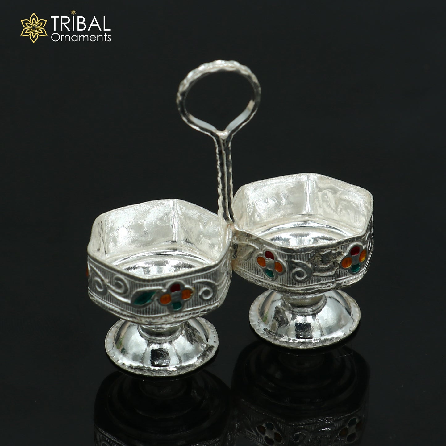 925 sterling silver flower design tilak combo mini bowl, tilak patra, puja utensils, temple article su1354 - TRIBAL ORNAMENTS