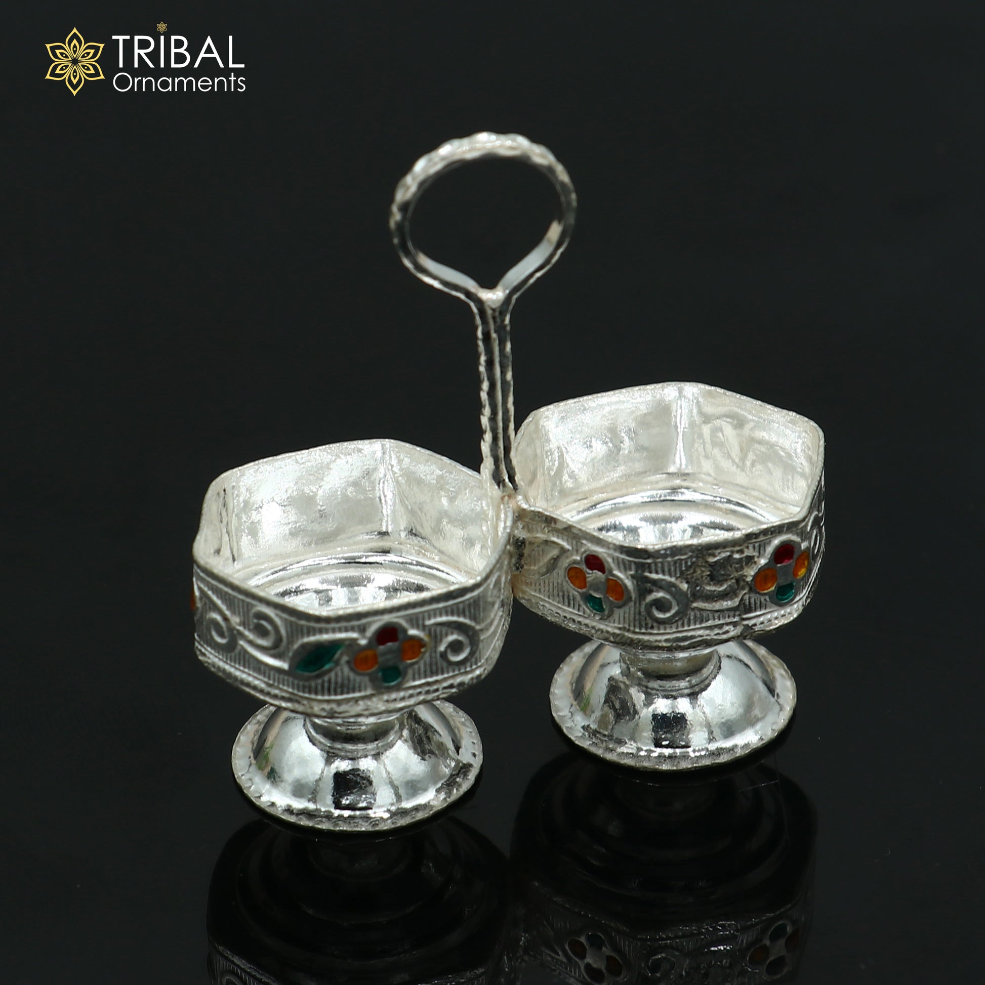 925 sterling silver flower design tilak combo mini bowl, tilak patra, puja utensils, temple article su1354 - TRIBAL ORNAMENTS