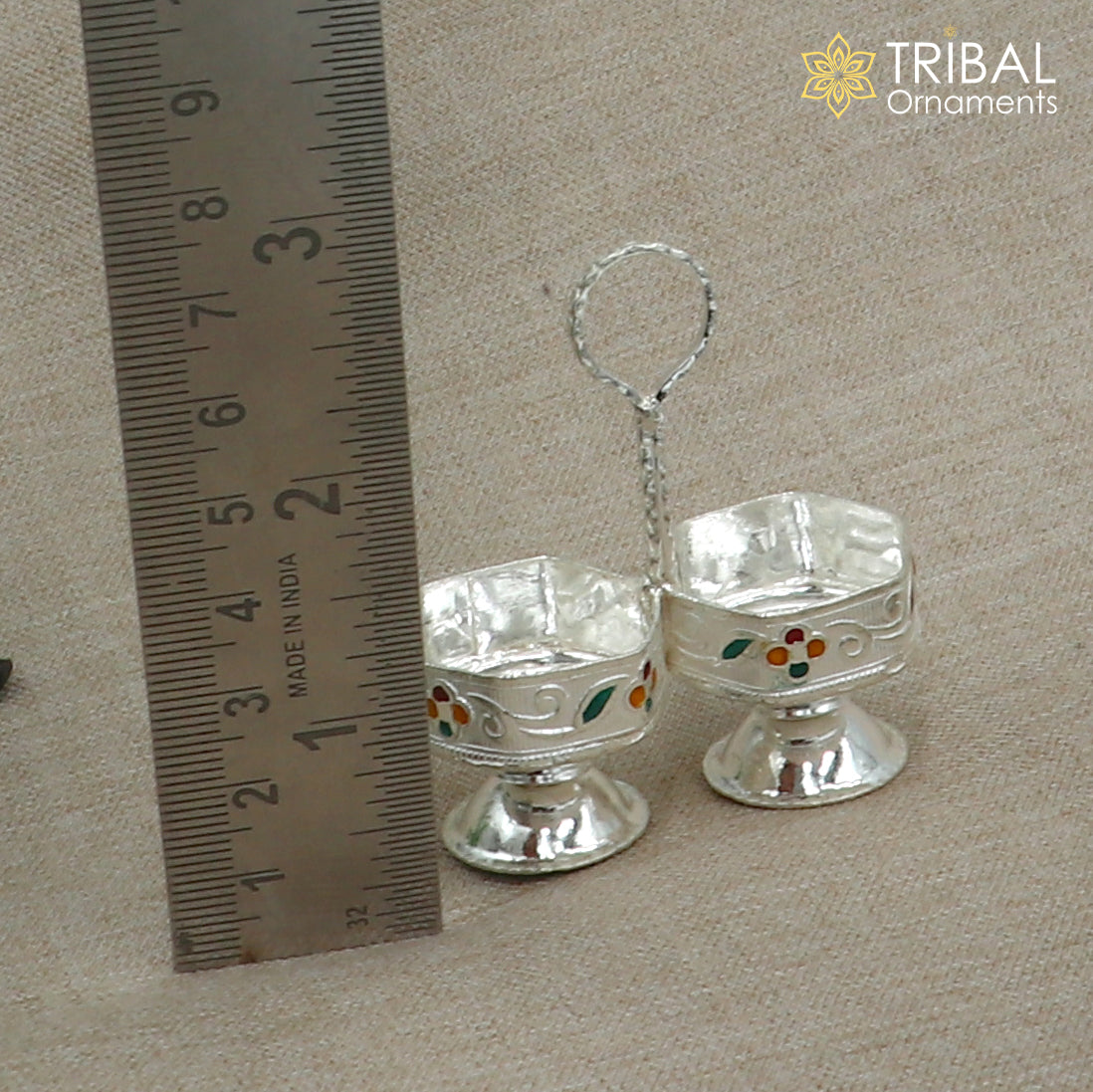 925 sterling silver flower design tilak combo mini bowl, tilak patra, puja utensils, temple article su1354 - TRIBAL ORNAMENTS