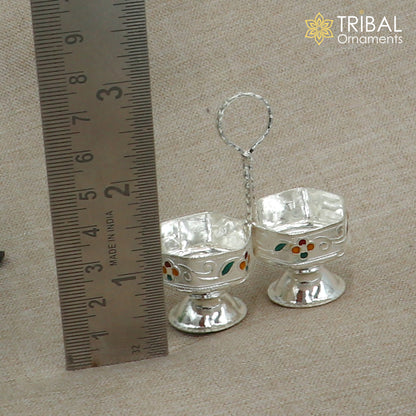 925 sterling silver flower design tilak combo mini bowl, tilak patra, puja utensils, temple article su1354 - TRIBAL ORNAMENTS