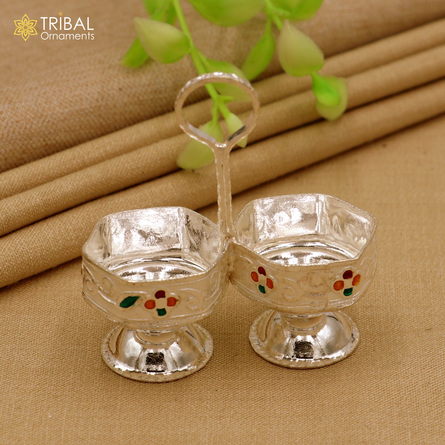 925 sterling silver flower design tilak combo mini bowl, tilak patra, puja utensils, temple article su1354 - TRIBAL ORNAMENTS