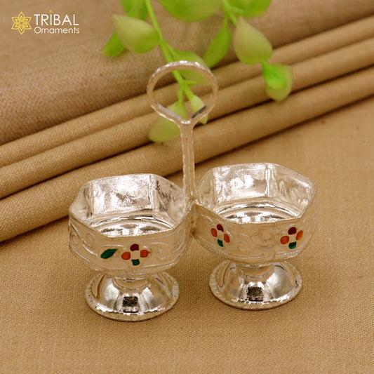 925 sterling silver flower design tilak combo mini bowl, tilak patra, puja utensils, temple article su1354 - TRIBAL ORNAMENTS