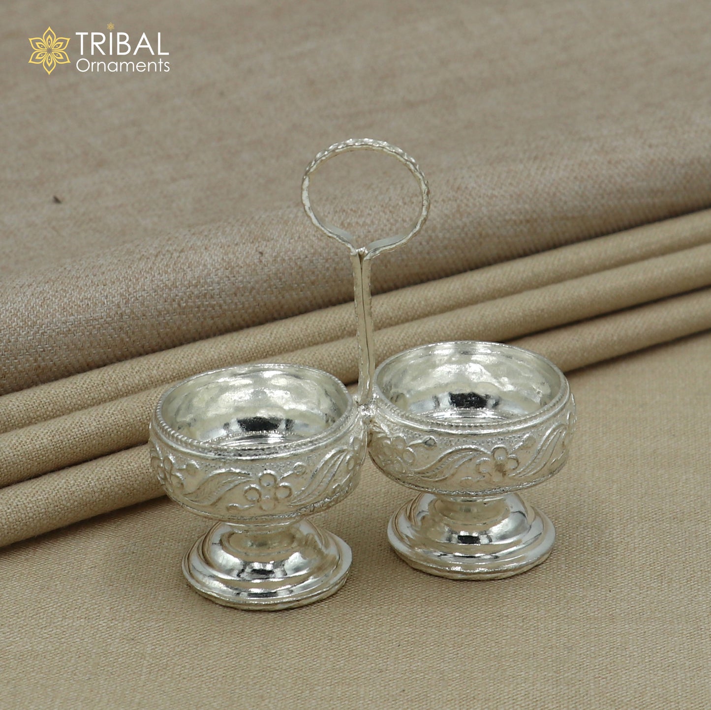 925 sterling silver flower design tilak combo mini bowl, tilak patra, puja utensils, temple article su1355 - TRIBAL ORNAMENTS
