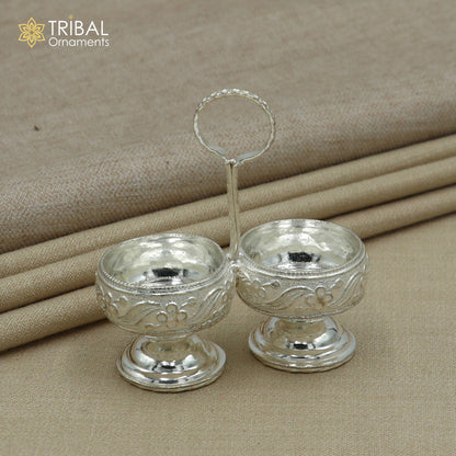 925 sterling silver flower design tilak combo mini bowl, tilak patra, puja utensils, temple article su1355 - TRIBAL ORNAMENTS