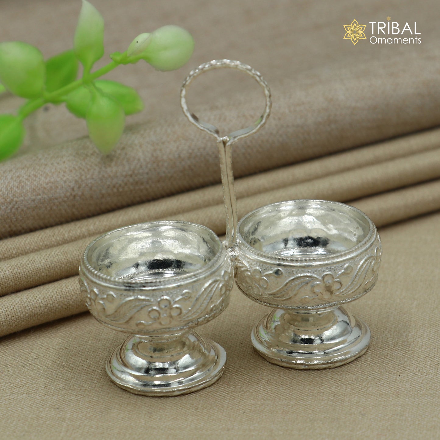 925 sterling silver flower design tilak combo mini bowl, tilak patra, puja utensils, temple article su1355 - TRIBAL ORNAMENTS