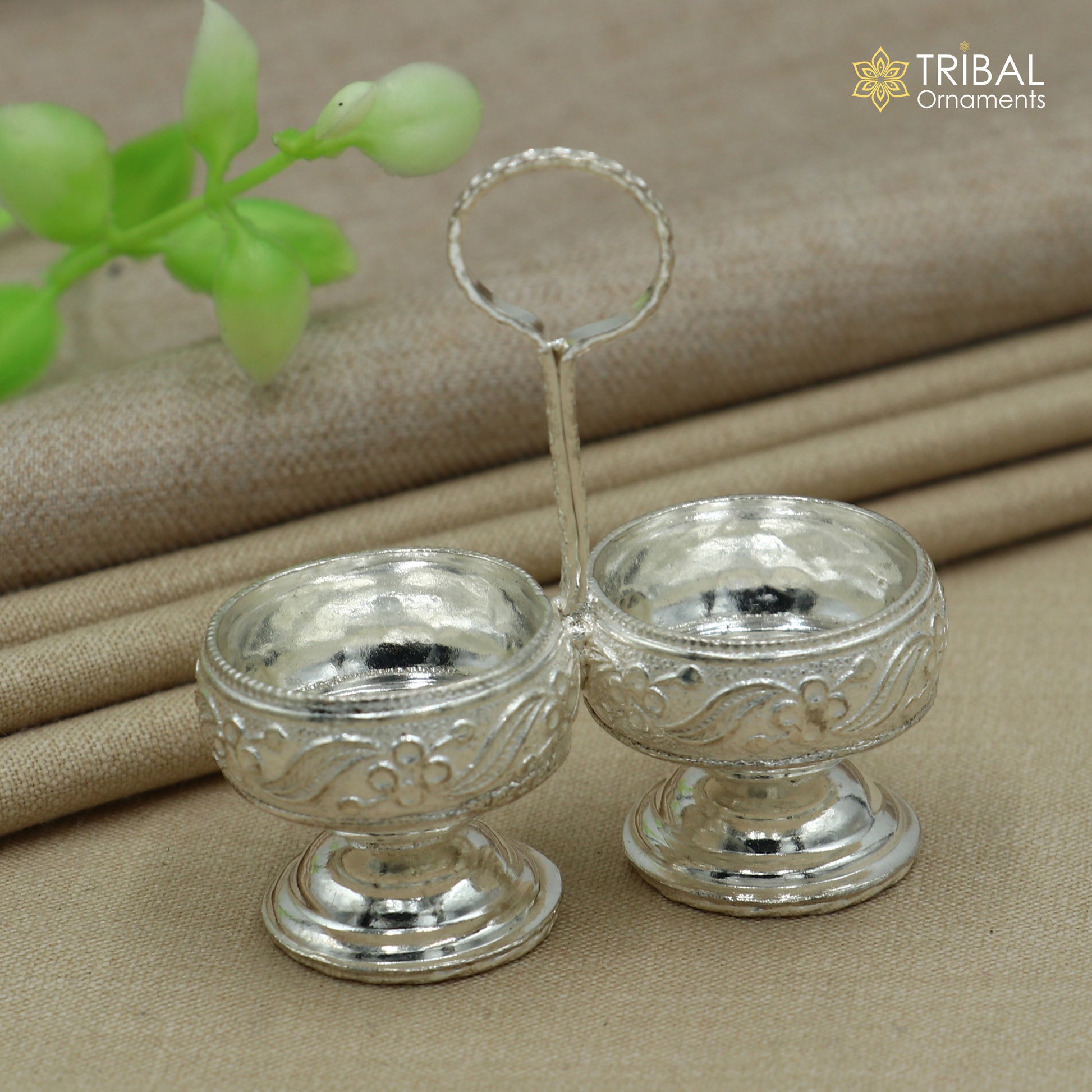 925 sterling silver flower design tilak combo mini bowl, tilak patra, puja utensils, temple article su1355 - TRIBAL ORNAMENTS