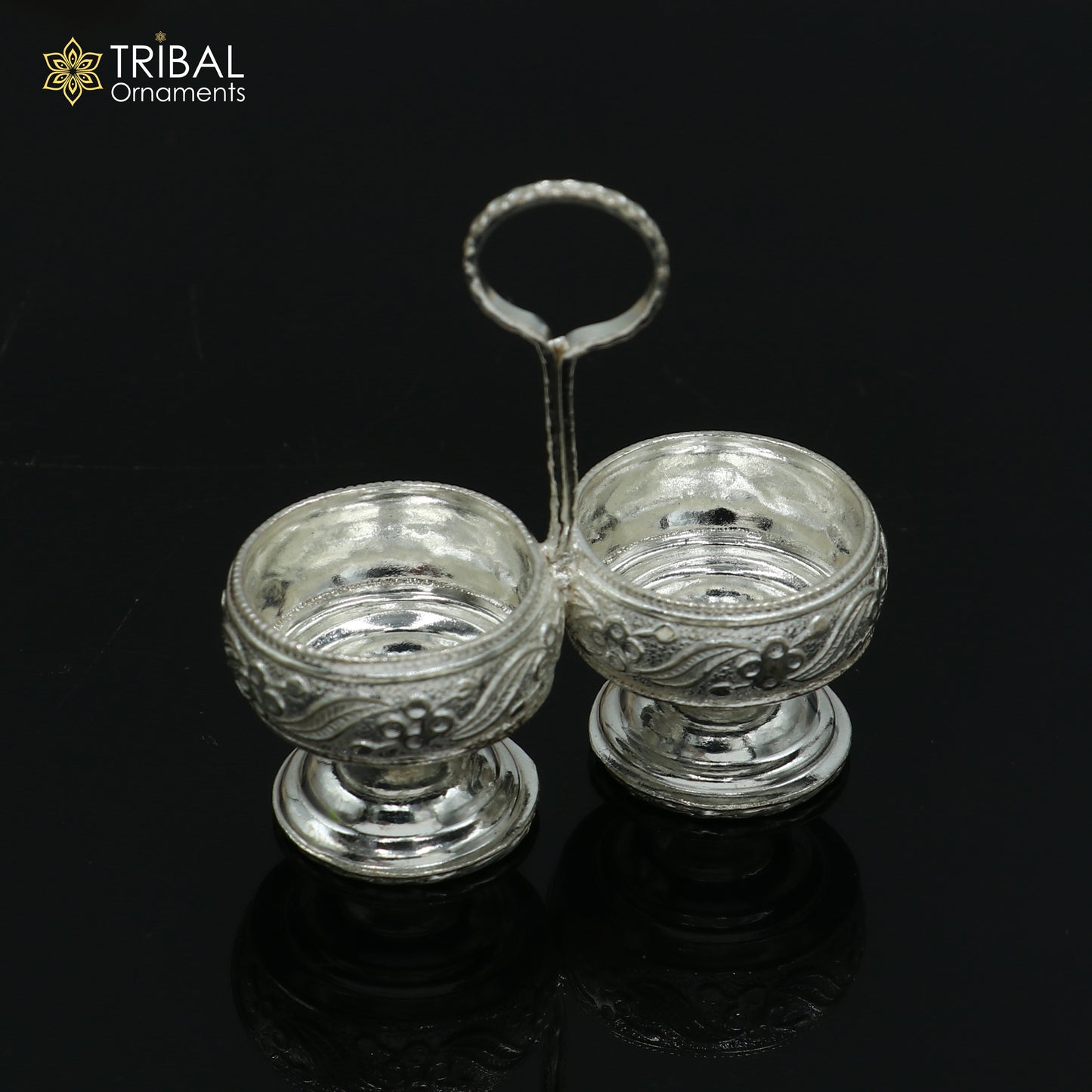 925 sterling silver flower design tilak combo mini bowl, tilak patra, puja utensils, temple article su1355 - TRIBAL ORNAMENTS