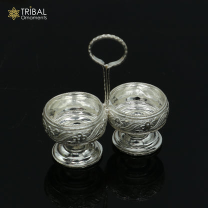925 sterling silver flower design tilak combo mini bowl, tilak patra, puja utensils, temple article su1355 - TRIBAL ORNAMENTS