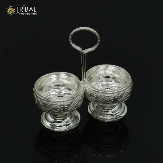 925 sterling silver flower design tilak combo mini bowl, tilak patra, puja utensils, temple article su1355 - TRIBAL ORNAMENTS