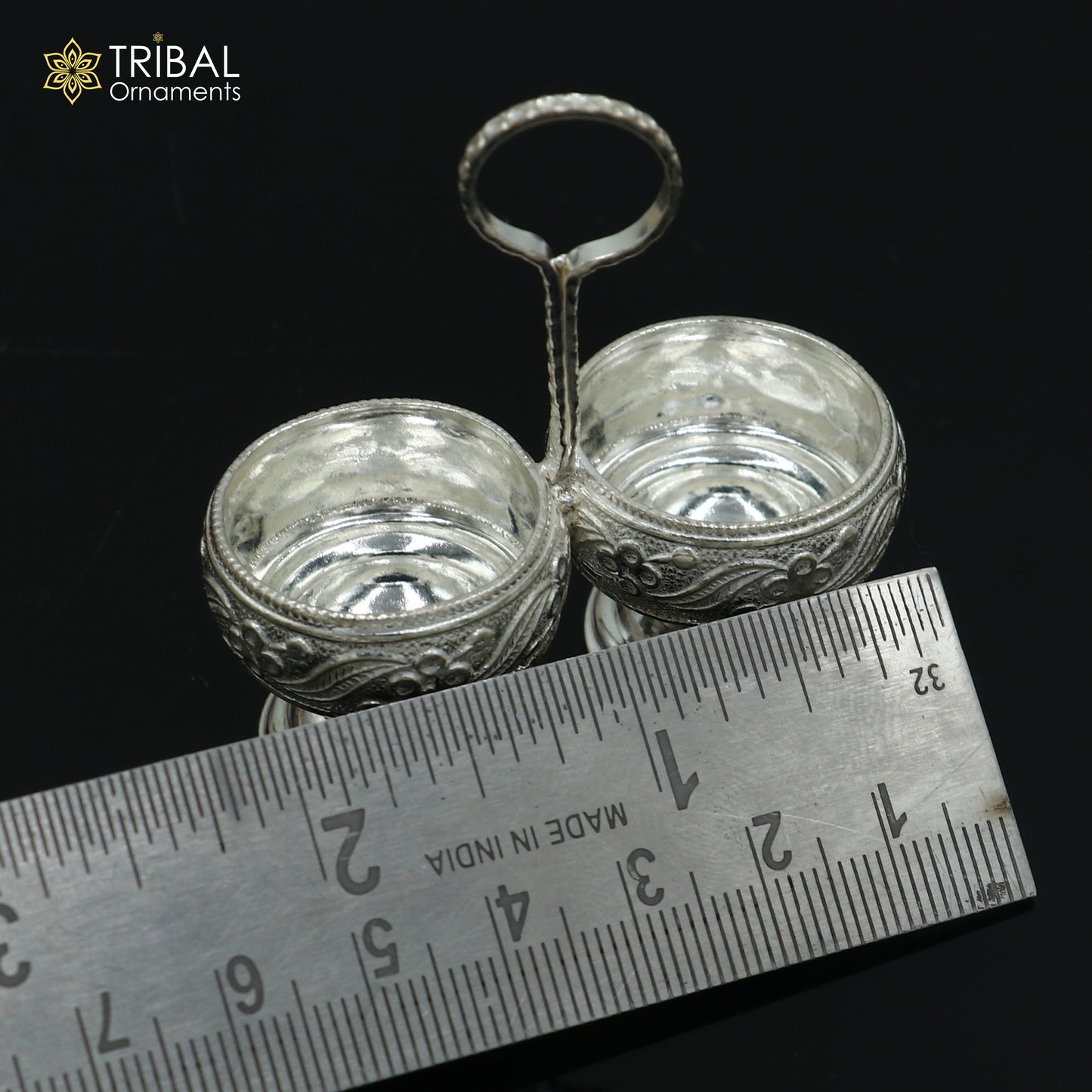 925 sterling silver flower design tilak combo mini bowl, tilak patra, puja utensils, temple article su1355 - TRIBAL ORNAMENTS