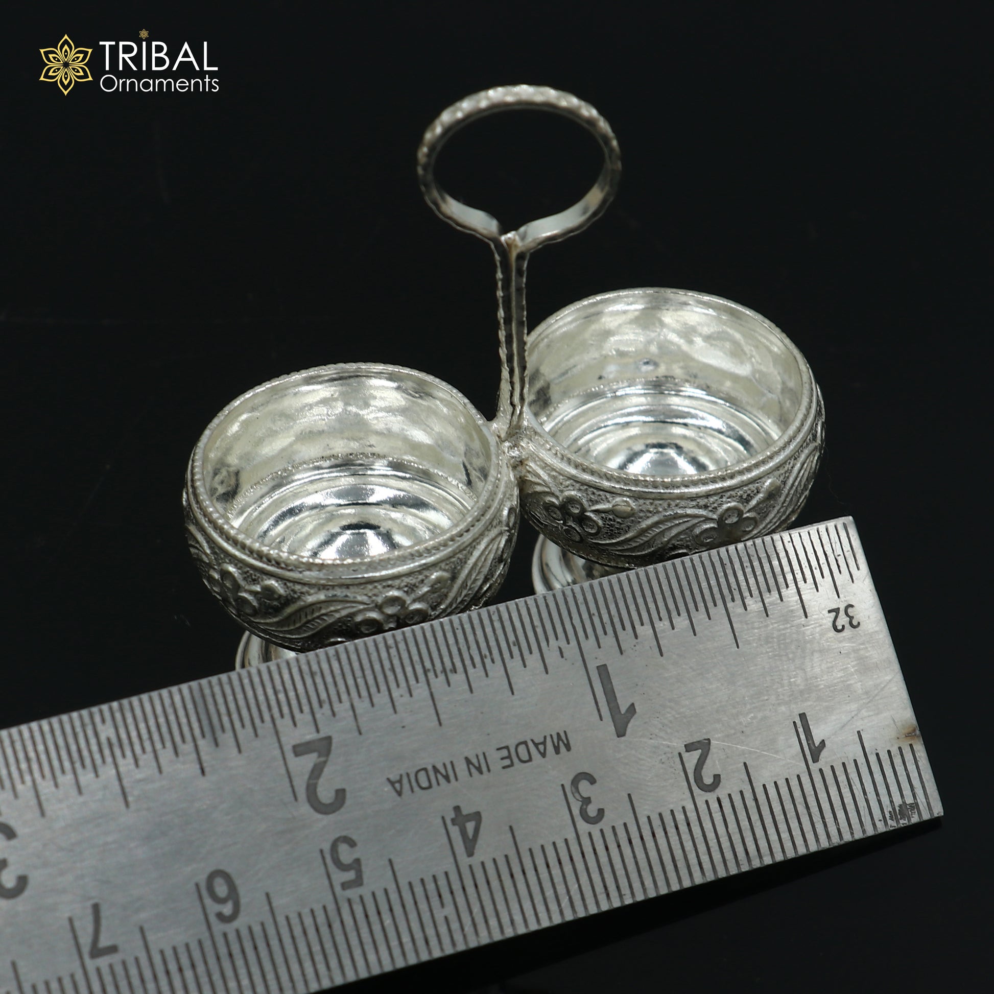 925 sterling silver flower design tilak combo mini bowl, tilak patra, puja utensils, temple article su1355 - TRIBAL ORNAMENTS