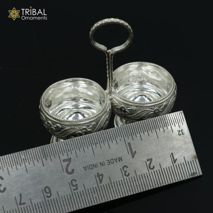 925 sterling silver flower design tilak combo mini bowl, tilak patra, puja utensils, temple article su1355 - TRIBAL ORNAMENTS
