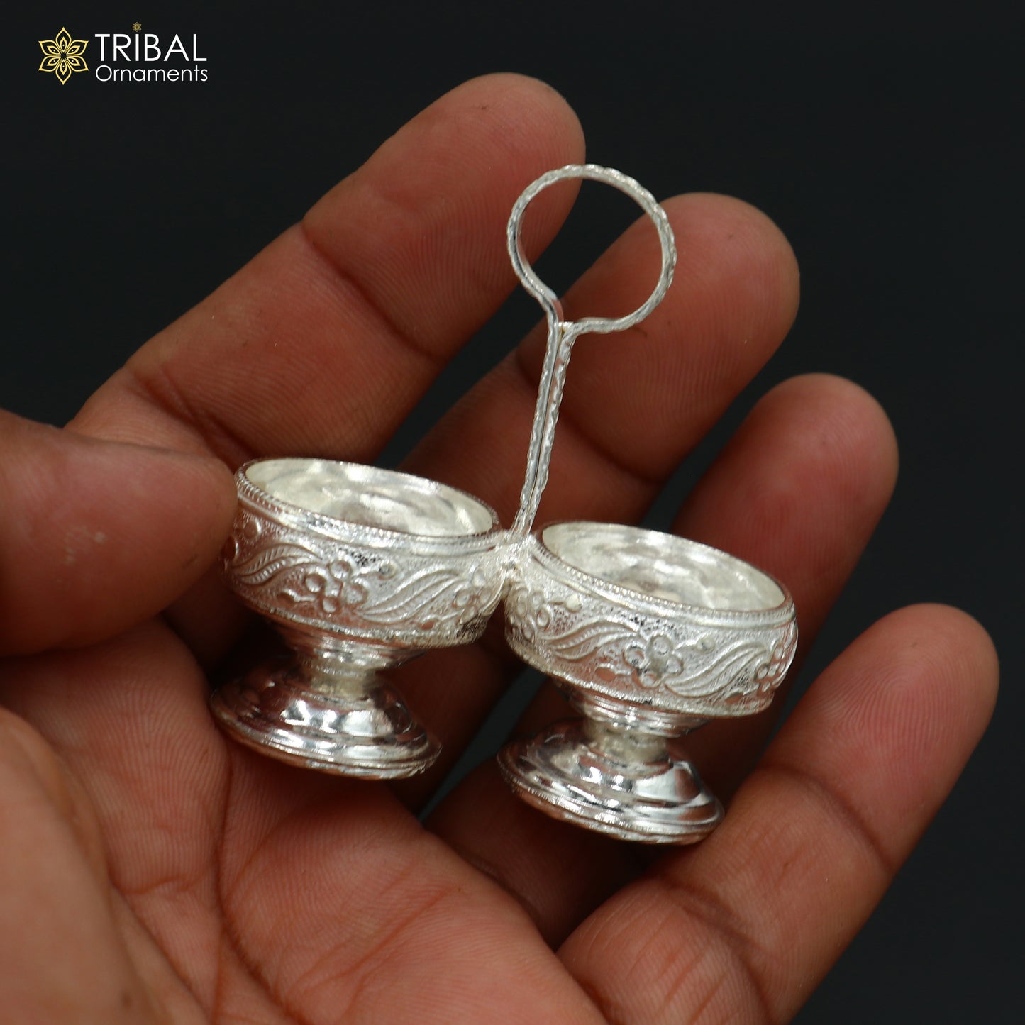925 sterling silver flower design tilak combo mini bowl, tilak patra, puja utensils, temple article su1355 - TRIBAL ORNAMENTS