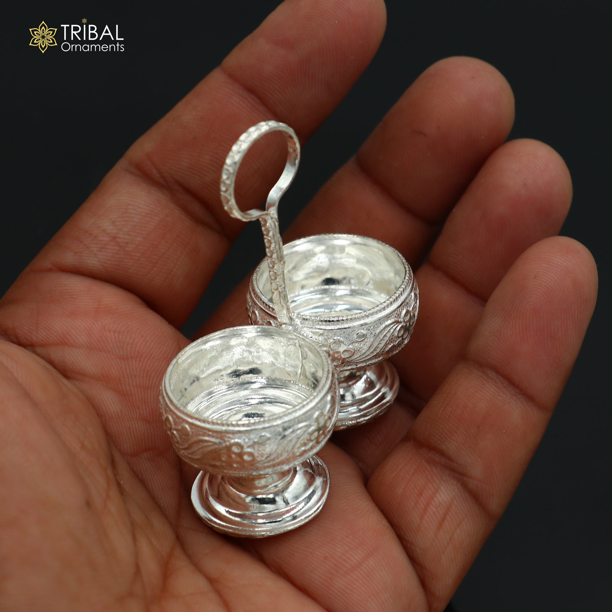 925 sterling silver flower design tilak combo mini bowl, tilak patra, puja utensils, temple article su1355 - TRIBAL ORNAMENTS