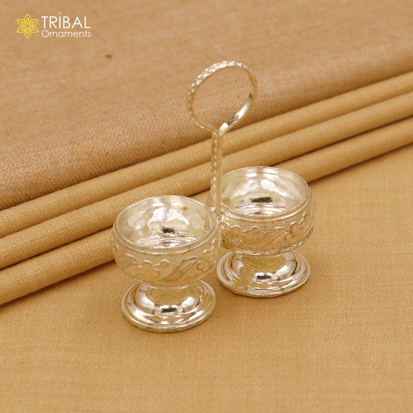 925 sterling silver flower design tilak combo mini bowl, tilak patra, puja utensils, temple article su1355 - TRIBAL ORNAMENTS