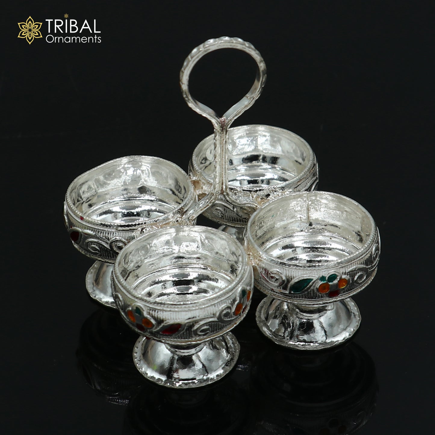 925 sterling silver flower design tilak combo mini bowl, tilak patra, puja utensils, temple article su1356 - TRIBAL ORNAMENTS