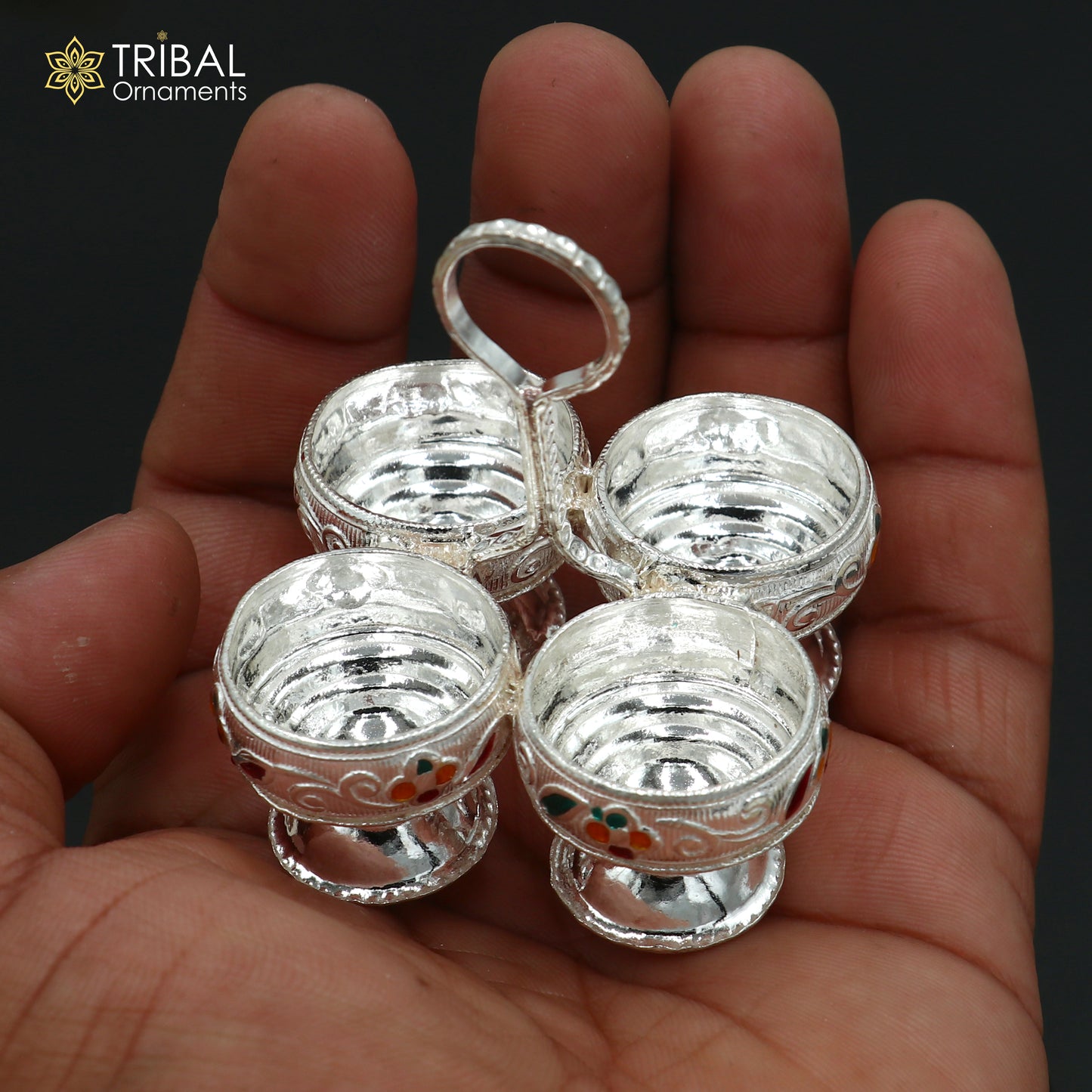 925 sterling silver flower design tilak combo mini bowl, tilak patra, puja utensils, temple article su1356 - TRIBAL ORNAMENTS