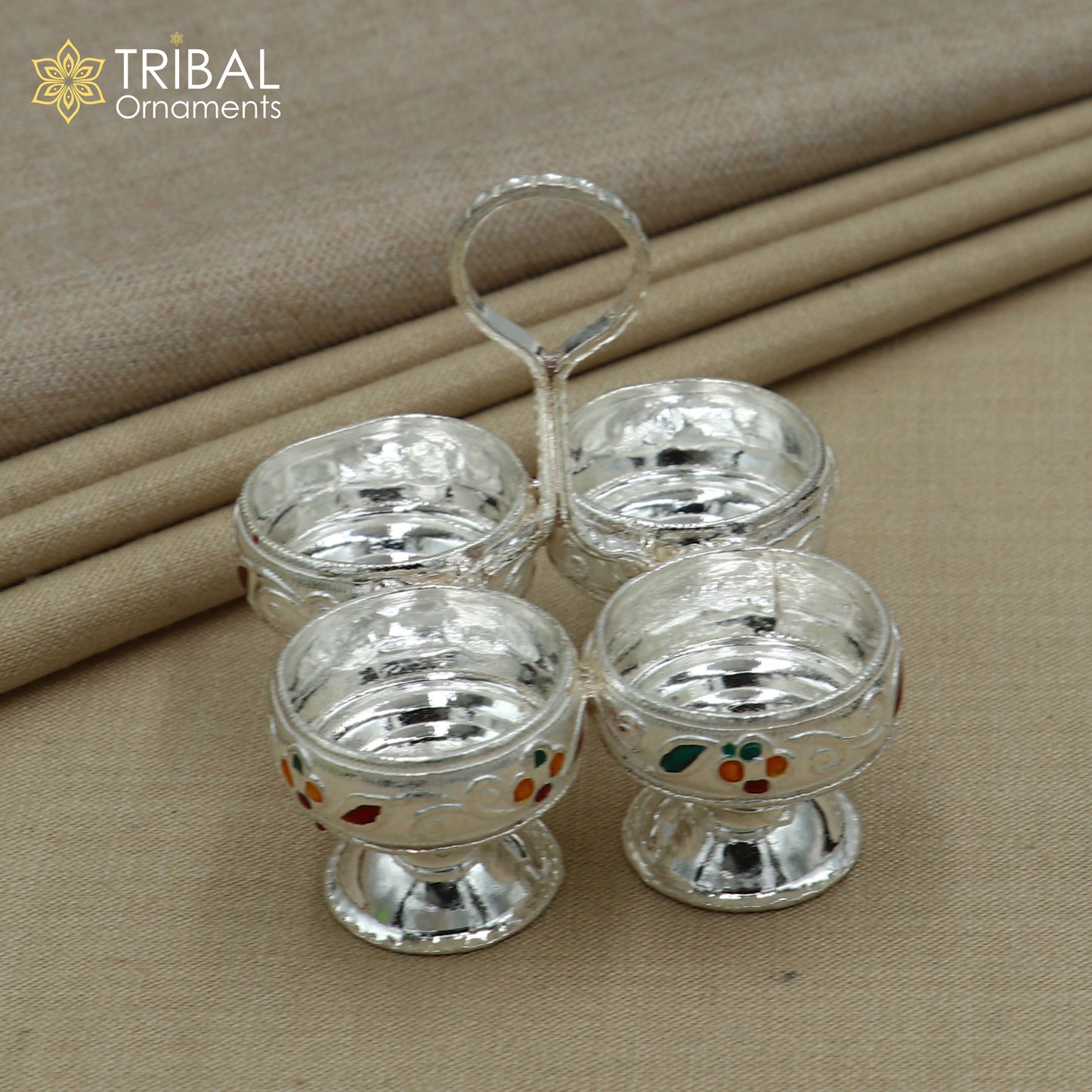 925 sterling silver flower design tilak combo mini bowl, tilak patra, puja utensils, temple article su1356 - TRIBAL ORNAMENTS