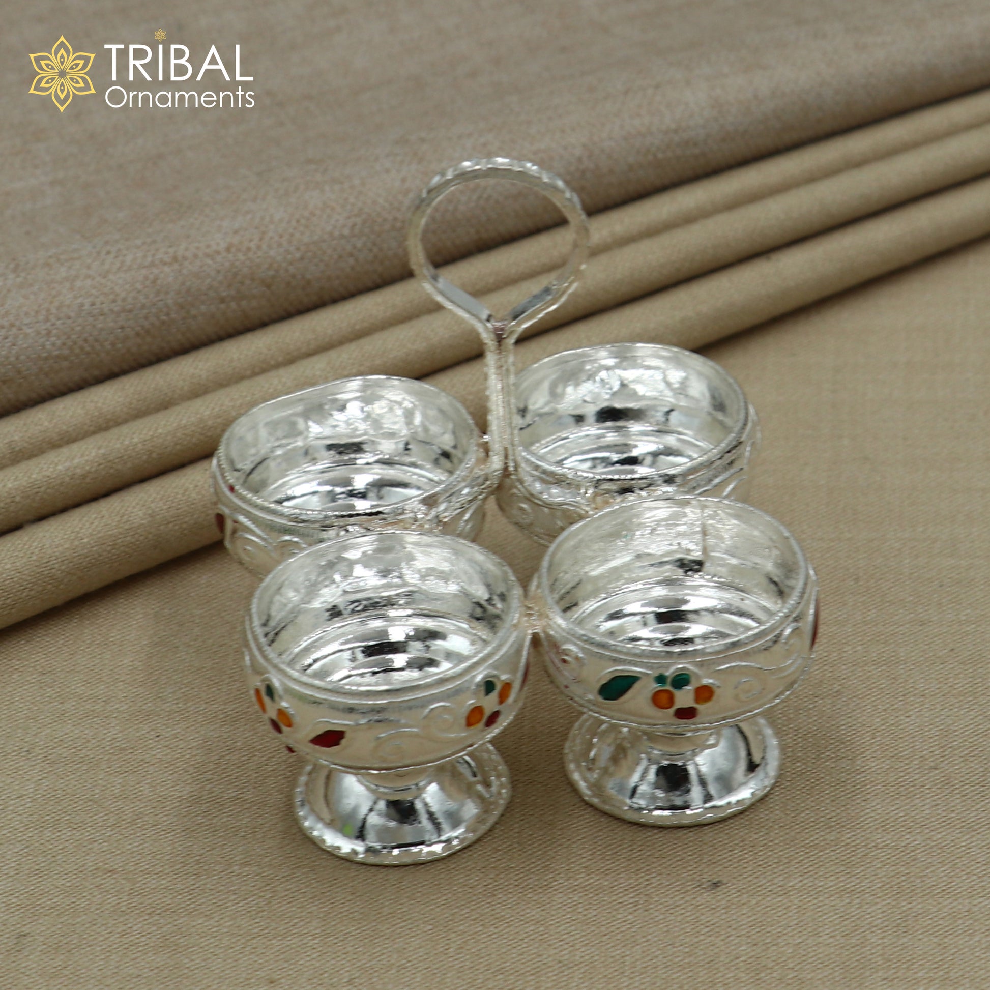 925 sterling silver flower design tilak combo mini bowl, tilak patra, puja utensils, temple article su1356 - TRIBAL ORNAMENTS