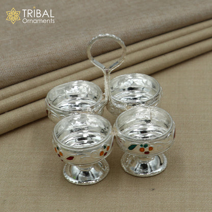 925 sterling silver flower design tilak combo mini bowl, tilak patra, puja utensils, temple article su1356 - TRIBAL ORNAMENTS